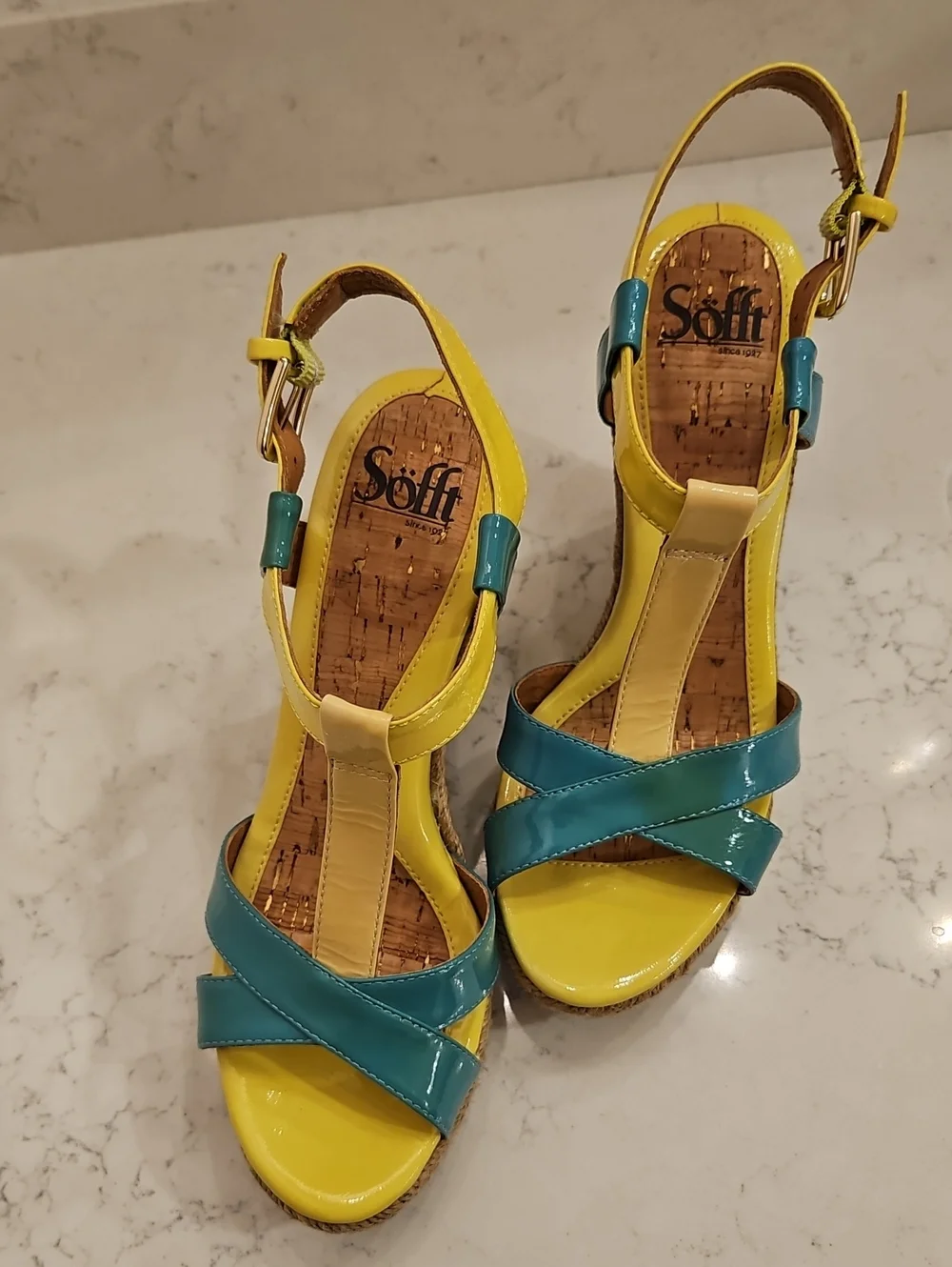 Women’s Yellow & Teal Wedge Espadrille Sandals 8.5, Sofft